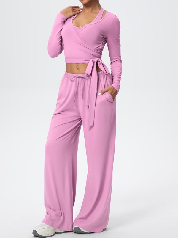 Flexvibe Soft Tie Wrap 3-Piece Activewear Set in Pink