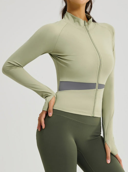 Flexvibe workout jacket side view for gym-to-street, with 4-way stretch and soft stretch