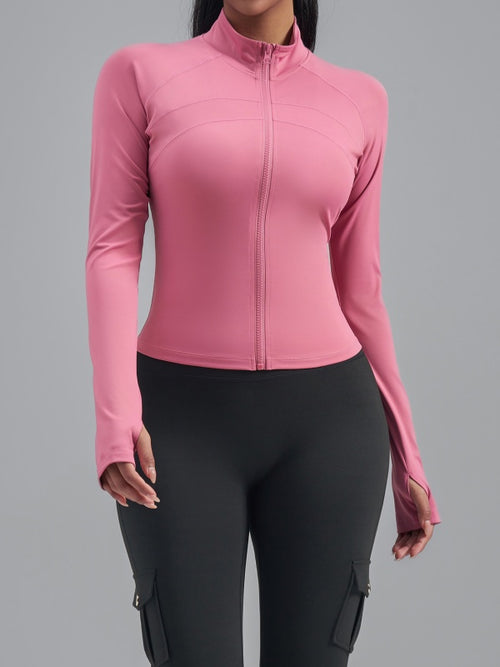 Flexvibe workout jacket side view for gym-to-street, with soft stretch and gym-to-street