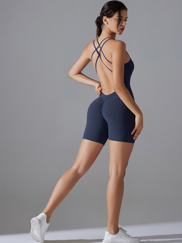Flexvibe Cross Open Back Seamless Bodysuit - High-Stretch Slim-Fit Long Pants Workout Wear