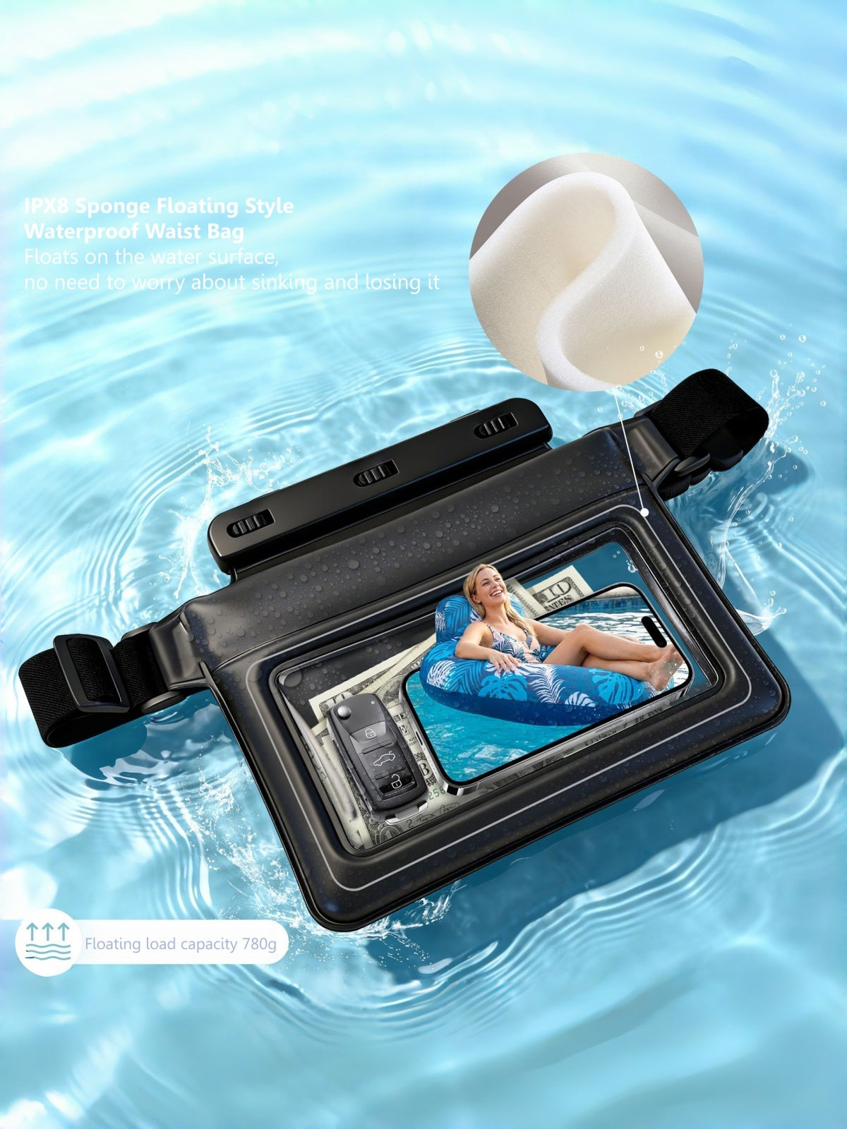 Flexvibe IPX8 Waterproof Waist Bag, PVC Foam Floating Phone Pouch, Touch Screen Dry Bag for Swimming Rafting Outdoor