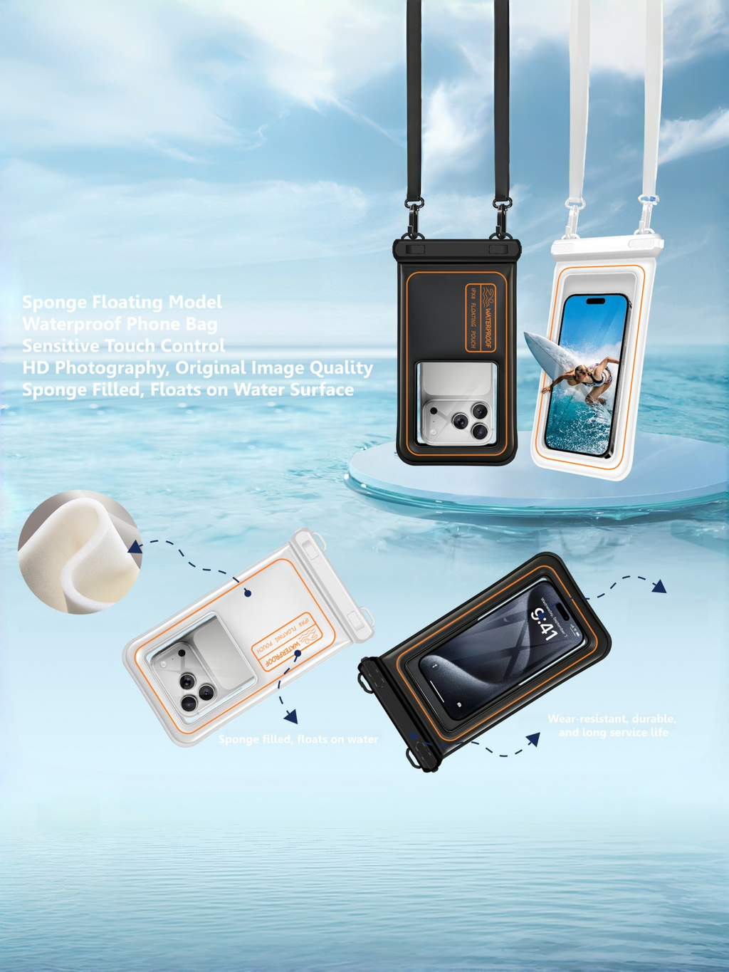 Flexvibe Floating Waterproof Phone Pouch with Dual Hooks, Touch Screen Dry Bag for Swimming