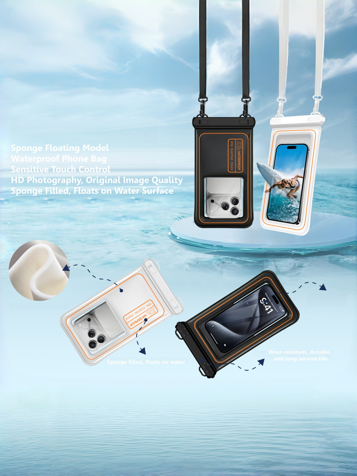 Flexvibe Floating Waterproof Phone Pouch with Dual Hooks, Touch Screen Dry Bag for Swimming