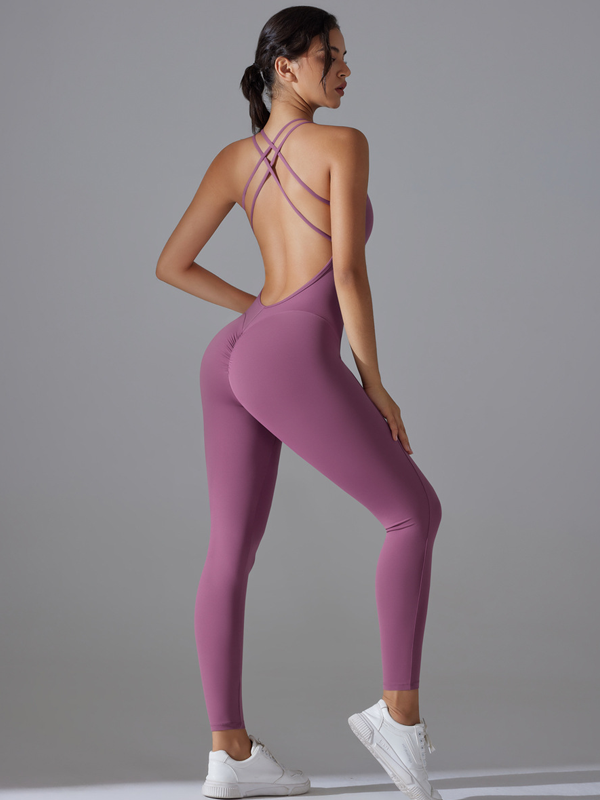 Flexvibe Cross Open Back Seamless Fitness Bodysuit - Stretchy Breathable Moisture-Wicking Wear