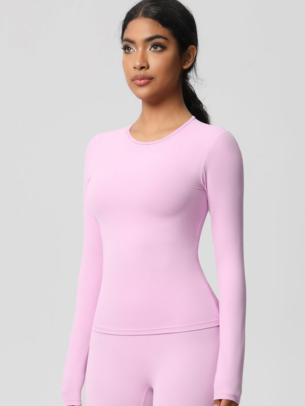 Flexvibe Double-Sided Brushed Sports Top - Tight Fit Moisture-Wicking Solid Color Long Sleeve
