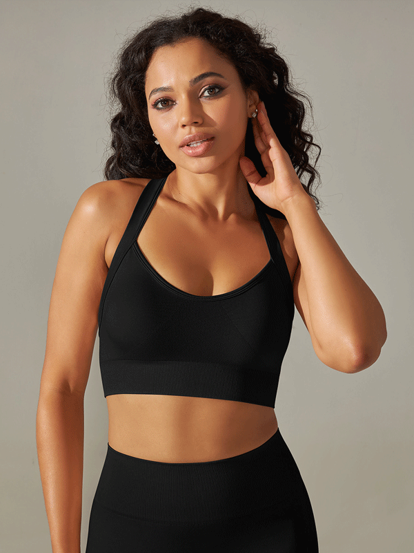 Flexvibe Seamless Knit Sports Bra Crisscross Back High Elastic Removable Pads
