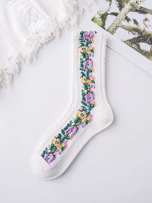 Vintage Women Mid-Calf Socks, Japanese Jacquard Floral Slouch Socks for Autumn Winter - Flexvibe product image 1