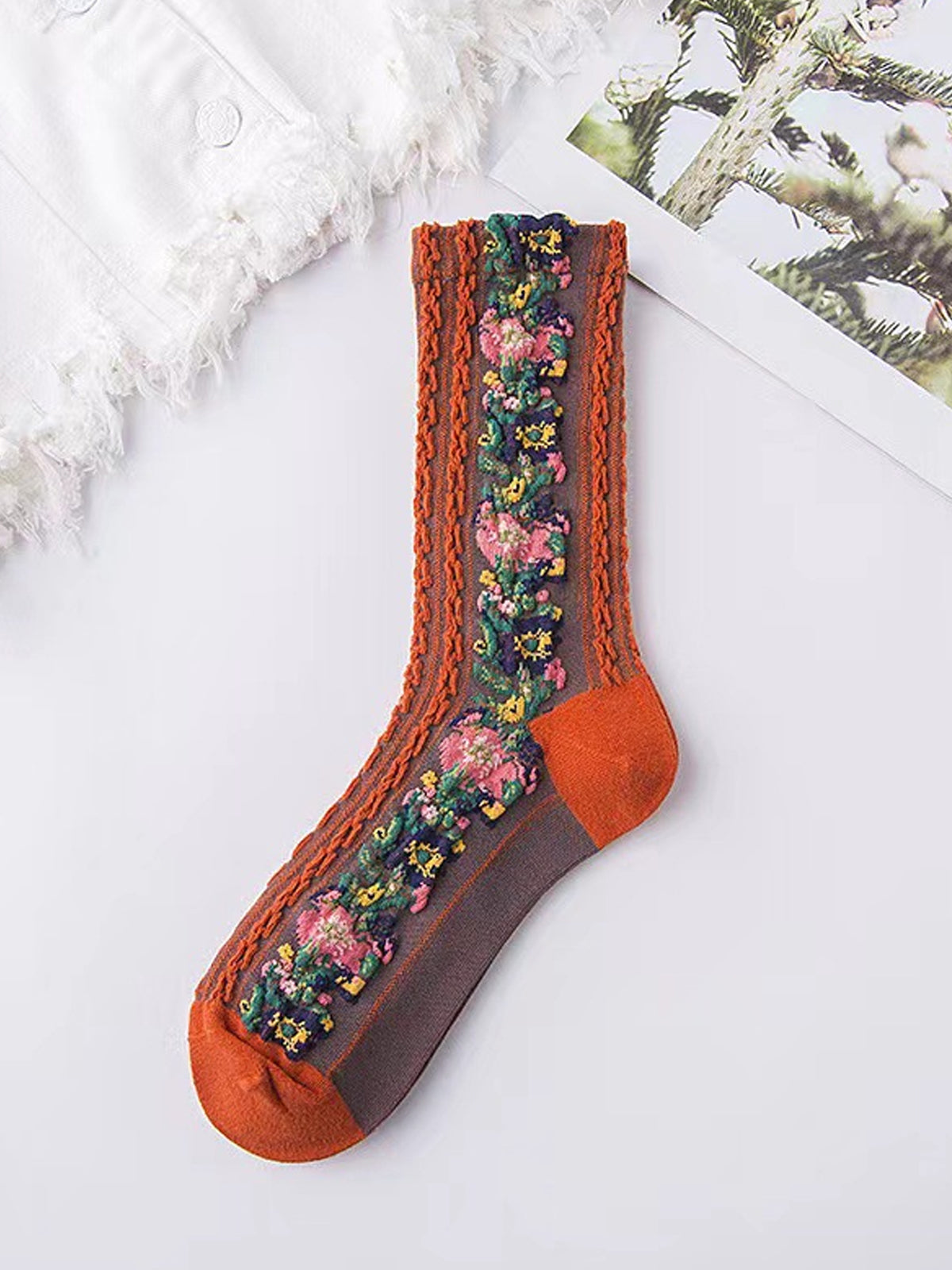 Vintage Women Mid-Calf Socks, Japanese Jacquard Floral Slouch Socks for Autumn Winter - Flexvibe product image 5