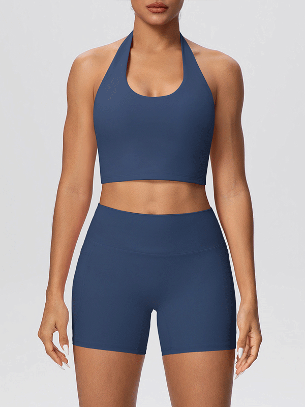 Flexvibe Solid Color Brushed Halter Tank & Pocket Shorts Yoga Set for Women, Soft Stretchy 2 Piece Workout Outfit