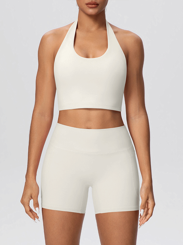 Flexvibe Solid Color Brushed Halter Tank & Pocket Shorts Yoga Set for Women, Soft Stretchy 2 Piece Workout Outfit