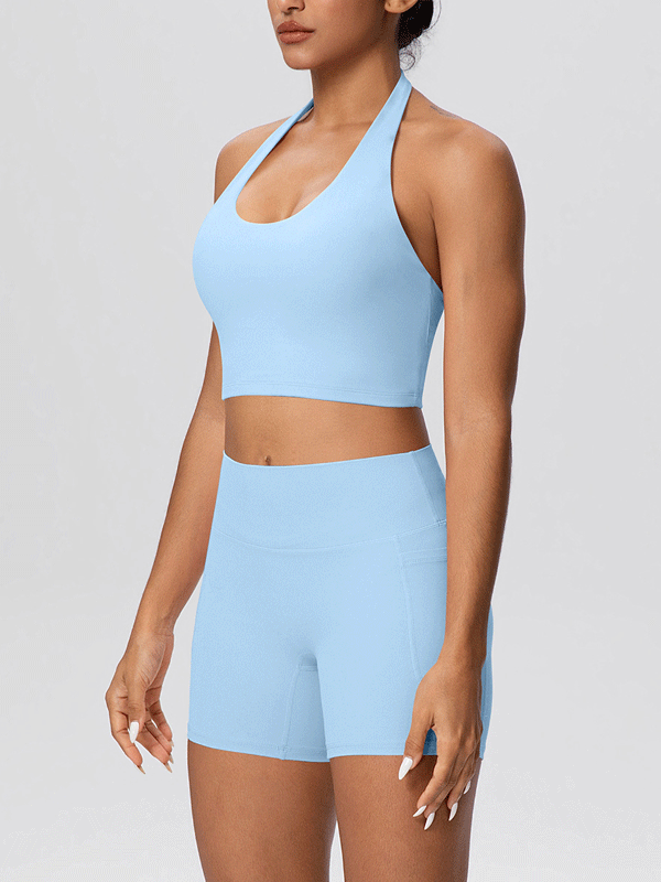 Flexvibe Solid Color Brushed Halter Tank & Pocket Shorts Yoga Set for Women, Soft Stretchy 2 Piece Workout Outfit