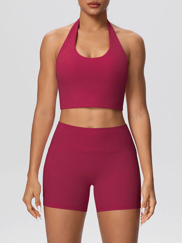 Flexvibe Solid Color Brushed Halter Tank & Pocket Shorts Yoga Set for Women, Soft Stretchy 2 Piece Workout Outfit