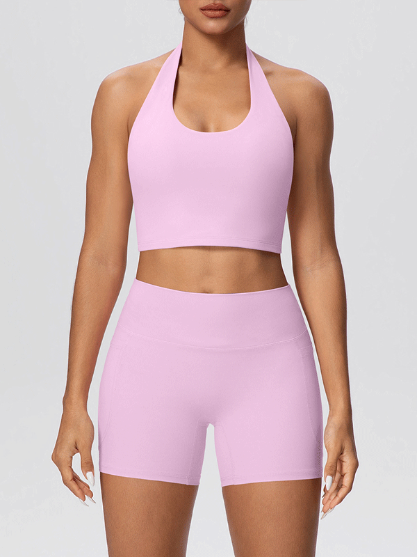 Flexvibe Solid Color Brushed Halter Tank & Pocket Shorts Yoga Set for Women, Soft Stretchy 2 Piece Workout Outfit