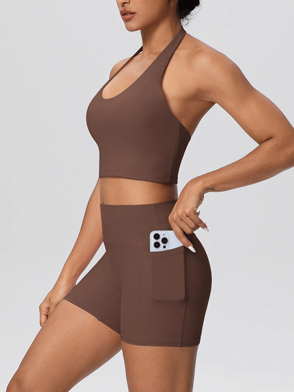 Flexvibe Solid Color Brushed Halter Tank & Pocket Shorts Yoga Set for Women, Soft Stretchy 2 Piece Workout Outfit