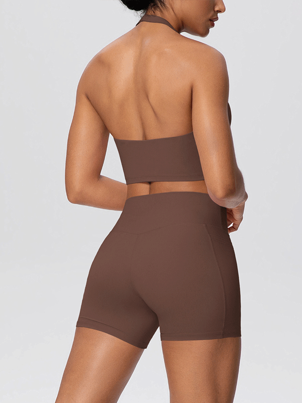 Flexvibe Solid Color Brushed Halter Tank & Pocket Shorts Yoga Set for Women, Soft Stretchy 2 Piece Workout Outfit