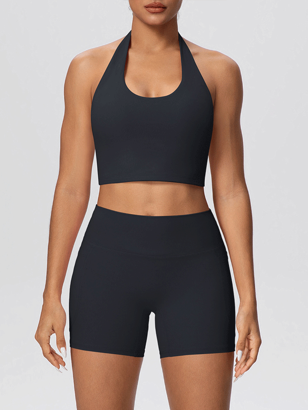 Flexvibe Solid Color Brushed Halter Tank & Pocket Shorts Yoga Set for Women, Soft Stretchy 2 Piece Workout Outfit